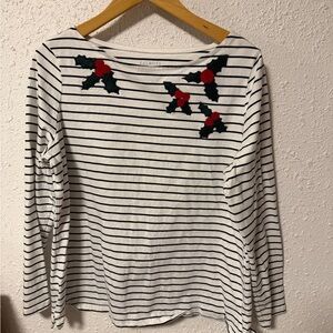 Talbot Plus Black and White Striped Top with Red Holly Embroidery